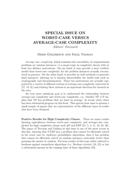 SPECIAL ISSUE on WORST-CASE VERSUS AVERAGE-CASE COMPLEXITY Editors’ Foreword