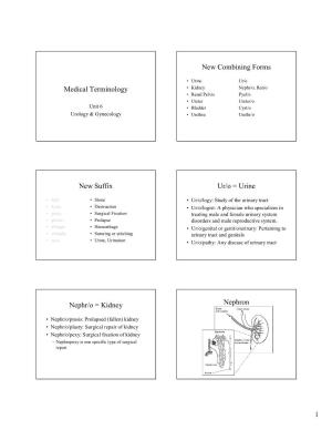 Medical Terminology • Kidney Nephr/O, Ren/O • Renal Pelvis Pyel/O • Ureter Ureter/O Unit 6 • Bladder Cyst/O Urology & Gynecology • Urethra Urethr/O