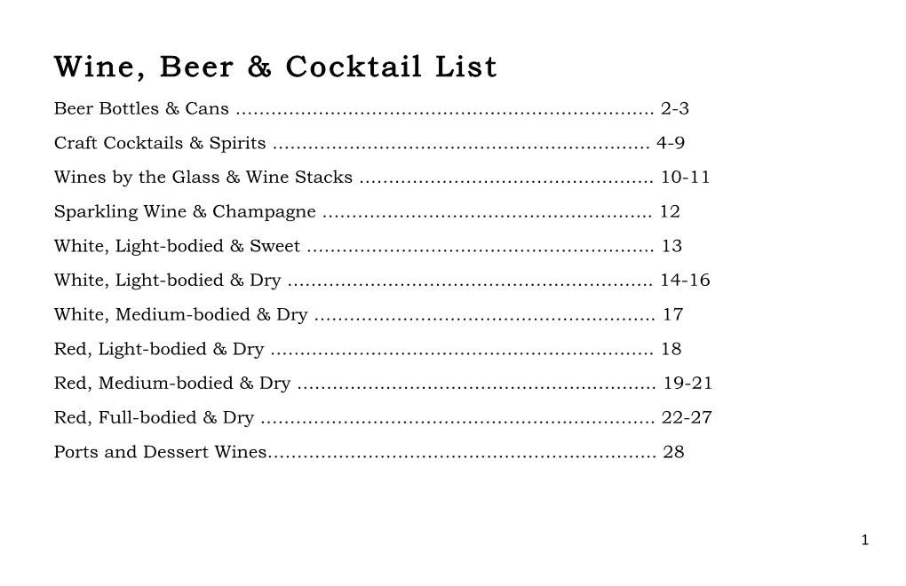Wine, Beer & Cocktail List