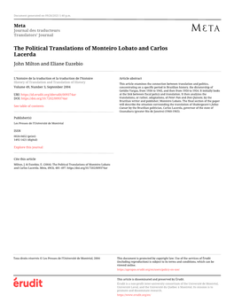 The Political Translations of Monteiro Lobato and Carlos Lacerda John Milton and Eliane Euzebio