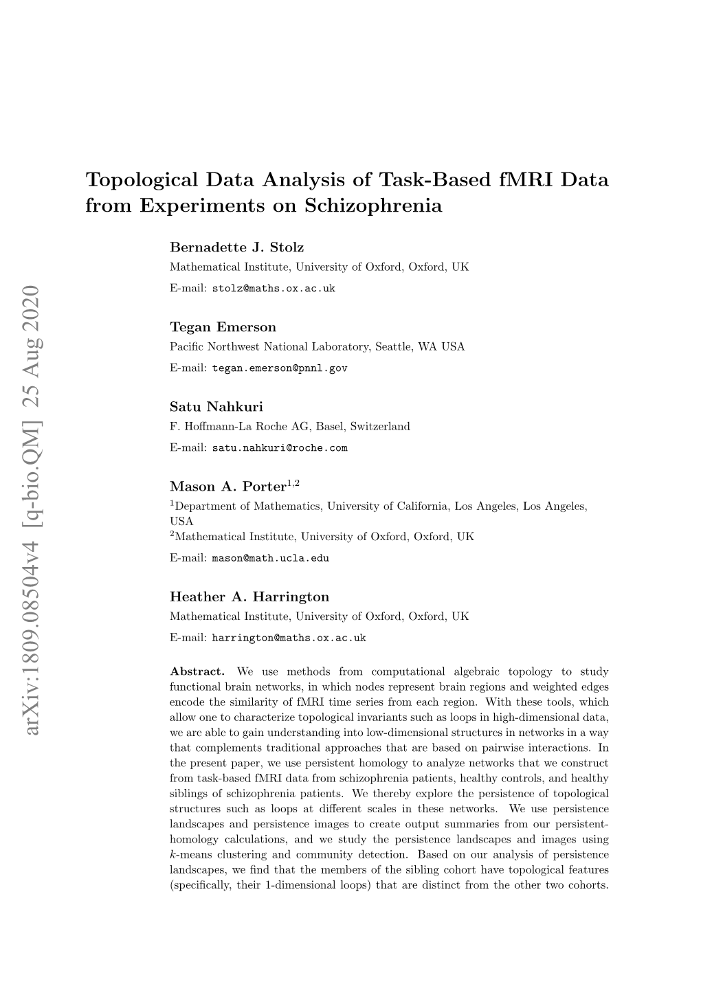 Topological Data Analysis of Task-Based Fmri Data from Experiments on Schizophrenia