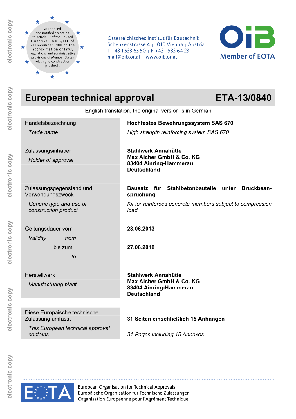 European Technical Approval ETA-13/0840 English Translation, the Original Version Is in German