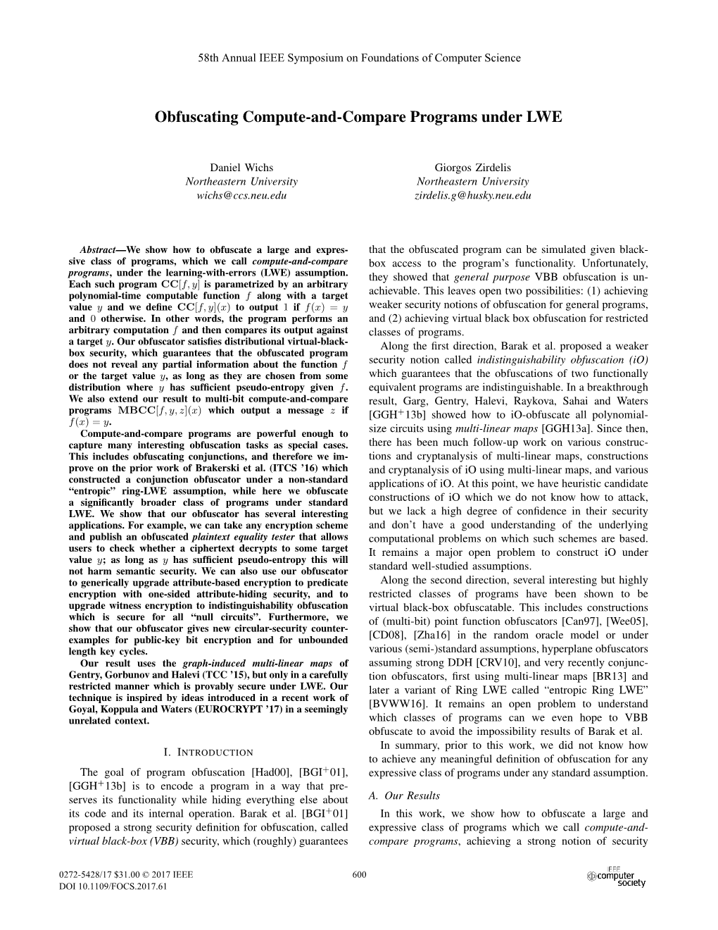 Obfuscating Compute-And-Compare Programs Under LWE