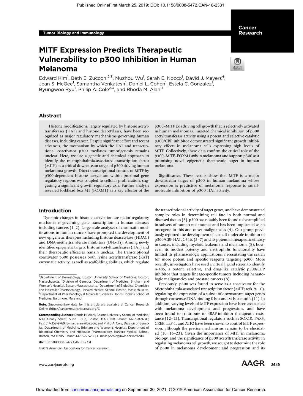 MITF Expression Predicts Therapeutic Vulnerability to P300 Inhibition in Human Melanoma Edward Kim1, Beth E