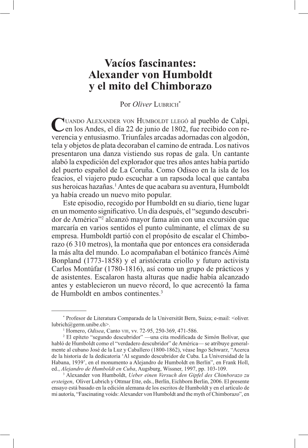 Vacíos Fascinantes: Alexander Von Humboldt Y El Mito Del Chimborazo