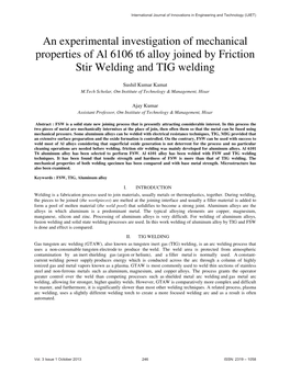 An Experimental Investigation of Mechanical Properties of Al 6106 T6 Alloy Joined by Friction Stir Welding and TIG Welding