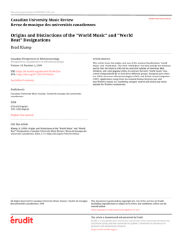 Origins and Distinctions of the "World Music" and "World Beat" Designations Brad Klump