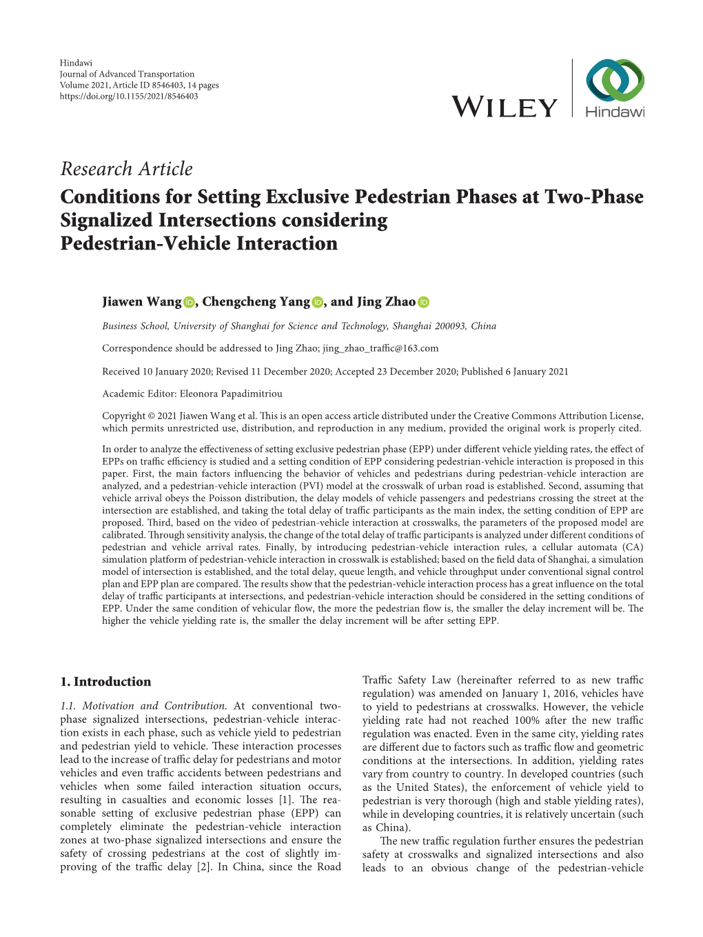 Conditions for Setting Exclusive Pedestrian Phases at Two-Phase Signalized Intersections Considering Pedestrian-Vehicle Interaction