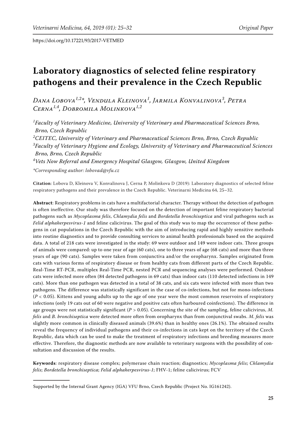 Laboratory Diagnostics of Selected Feline Respiratory Pathogens and Their Prevalence in the Czech Republic