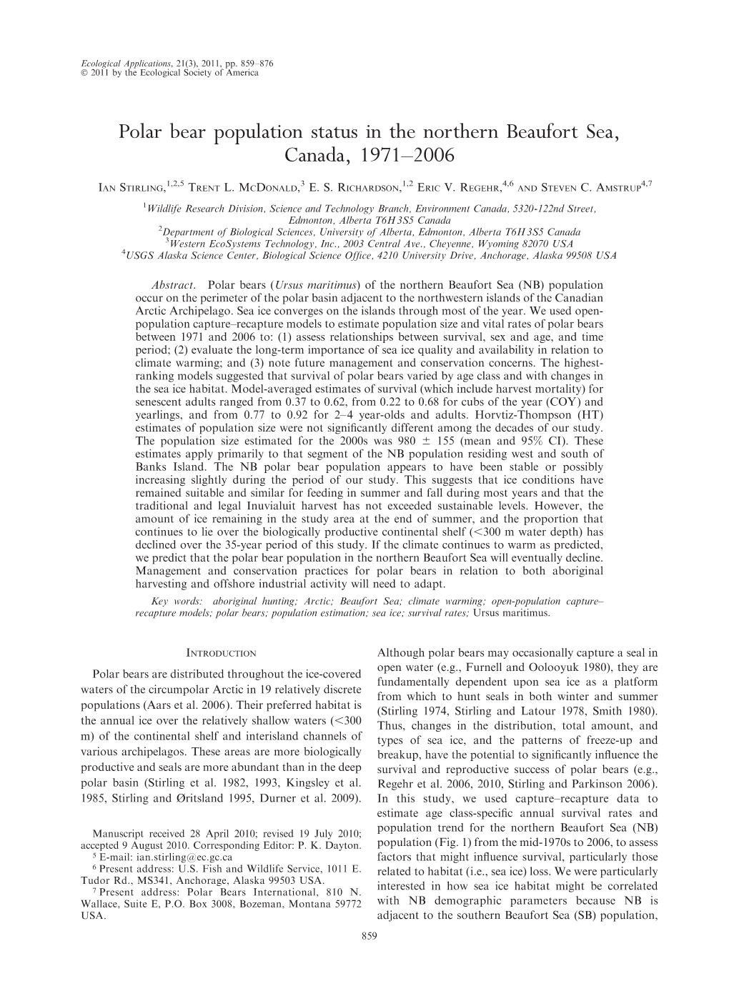 Polar Bear Population Status in the Northern Beaufort Sea, Canada, 1971–2006