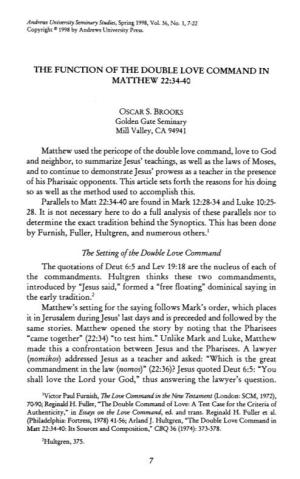 The Function of the Double Love Command in Matthew 22:34-40