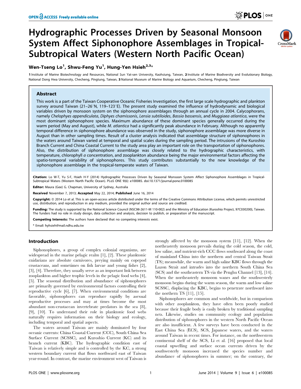Hydrographic Processes Driven by Seasonal Monsoon System Affect Siphonophore Assemblages in Tropical- Subtropical Waters (Western North Pacific Ocean)