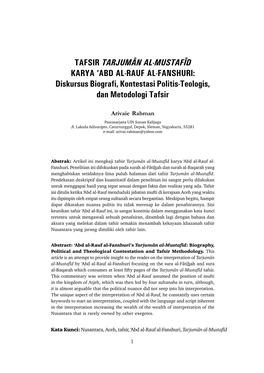 TAFSIR TARJUMÂN AL-MUSTAFÎD KARYA ‘ABD AL-RAUF AL-FANSHURI: Diskursus Biografi, Kontestasi Politis-Teologis, Dan Metodologi Tafsir