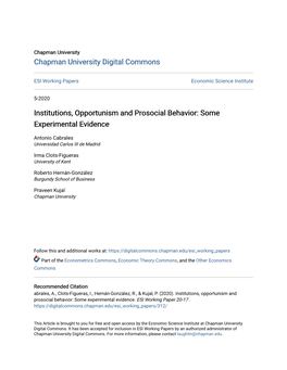 Institutions, Opportunism and Prosocial Behavior: Some Experimental Evidence