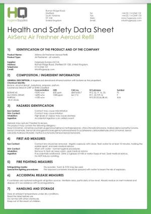 Health and Safety Data Sheet Airsenz Air Freshner Aerosol Refill