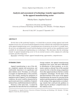 Analysis and Assessment of Technology Transfer Opportunities in the Apparel Manufacturing Sector