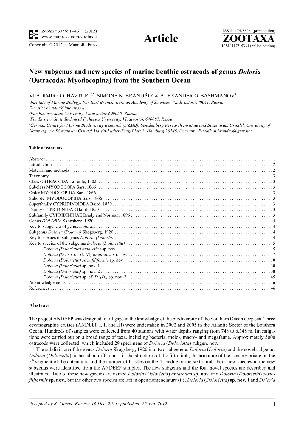 New Subgenus and New Species of Marine Benthic Ostracods of Genus Doloria (Ostracoda; Myodocopina) from the Southern Ocean