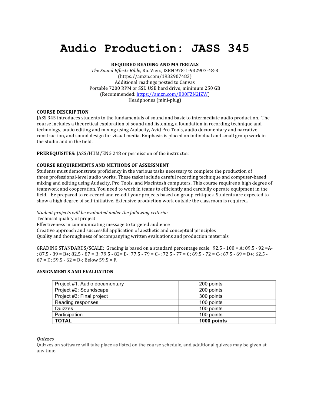 Audio Production: JASS 345