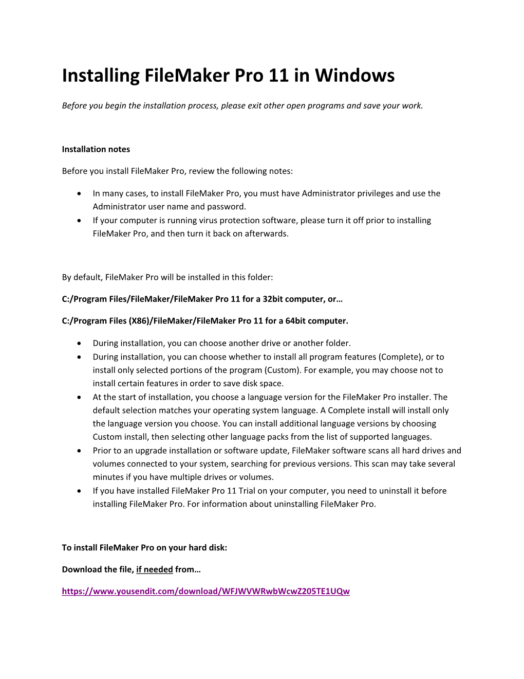 Installing Filemaker Pro 11 in Windows