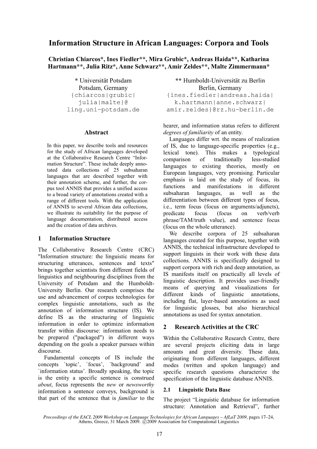 Information Structure in African Languages: Corpora and Tools