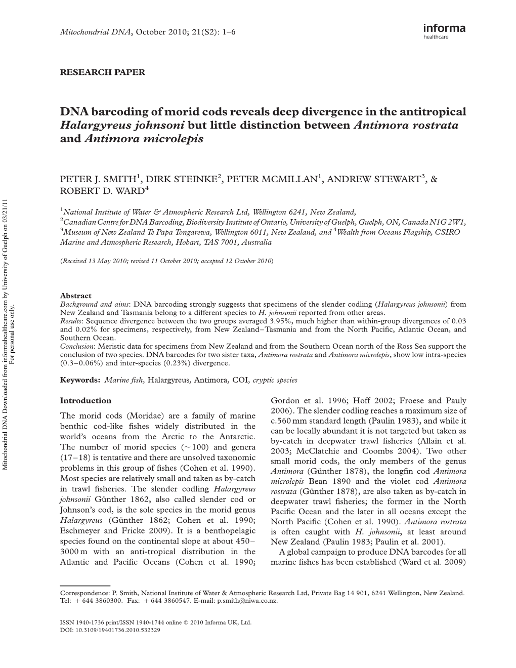 DNA Barcoding of Morid Cods Reveals Deep Divergence in the Antitropical Halargyreus Johnsoni but Little Distinction Between Antimora Rostrata and Antimora Microlepis