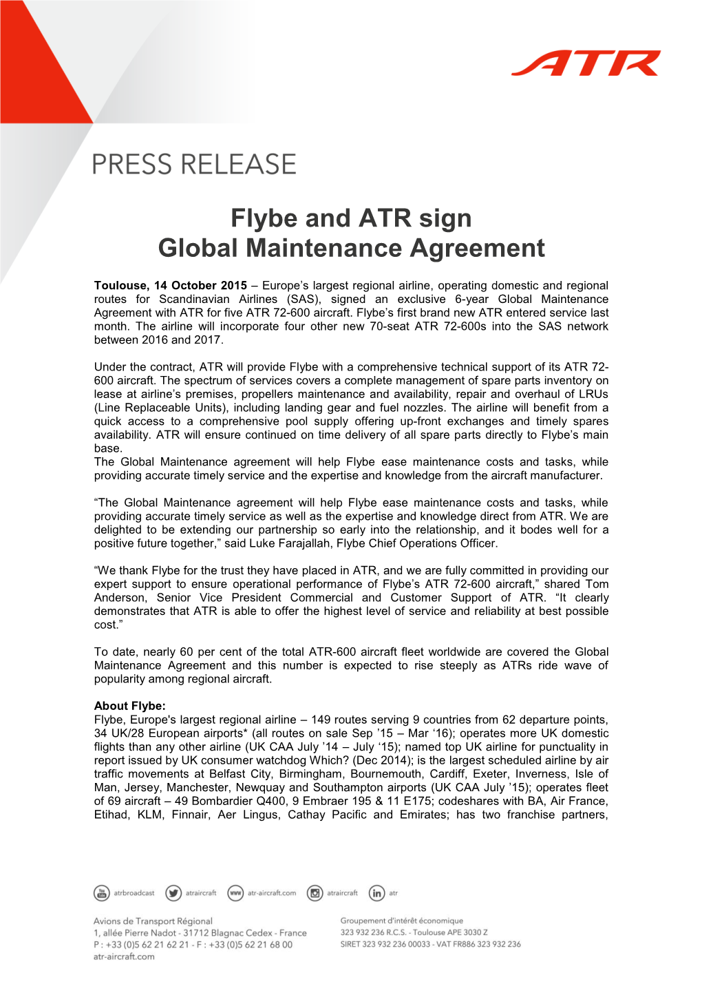 Flybe and ATR Sign Global Maintenance Agreement