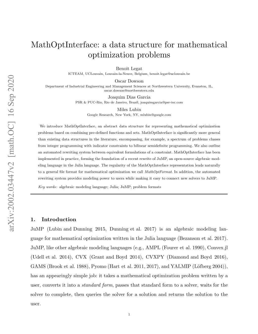 Mathoptinterface: a Data Structure for Mathematical Optimization Problems 2