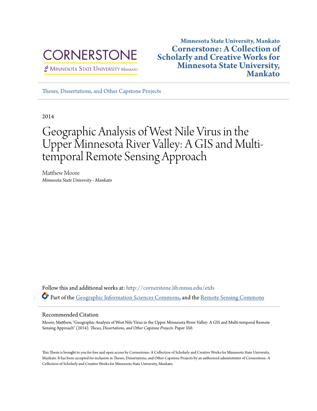 Geographic Analysis of West Nile Virus in the Upper Minnesota River