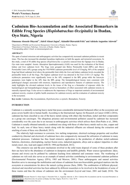 Cadmium Bio-Accumulation and the Associated Biomarkers in Edible Frog Species (Hoplobatrachus Occipitalis) in Ibadan, Oyo State, Nigeria