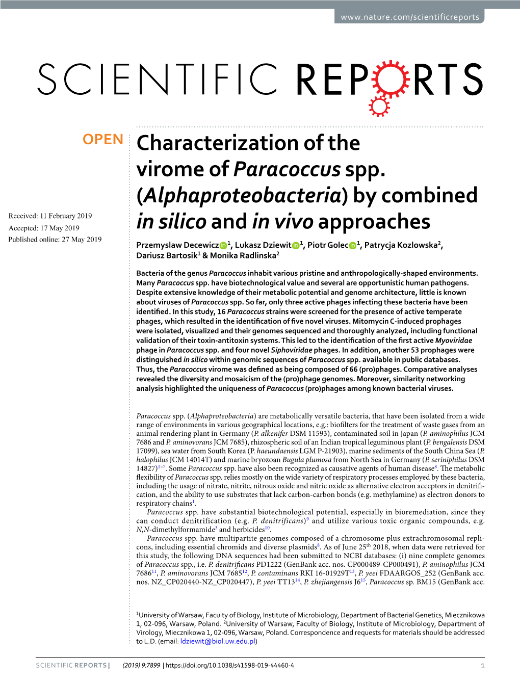 Characterization of the Virome of Paracoccus Spp. (Alphaproteobacteria) by Combined in Silico and in Vivo Approaches