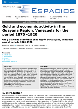 Gold and Economic Activity in the Guayana Region, Venezuela for the Period 1870 -1920