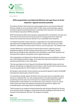 AFPA Congratulates New Nationals Ministry and Urges Focus on Forest Industries’ Regional Economic Potential