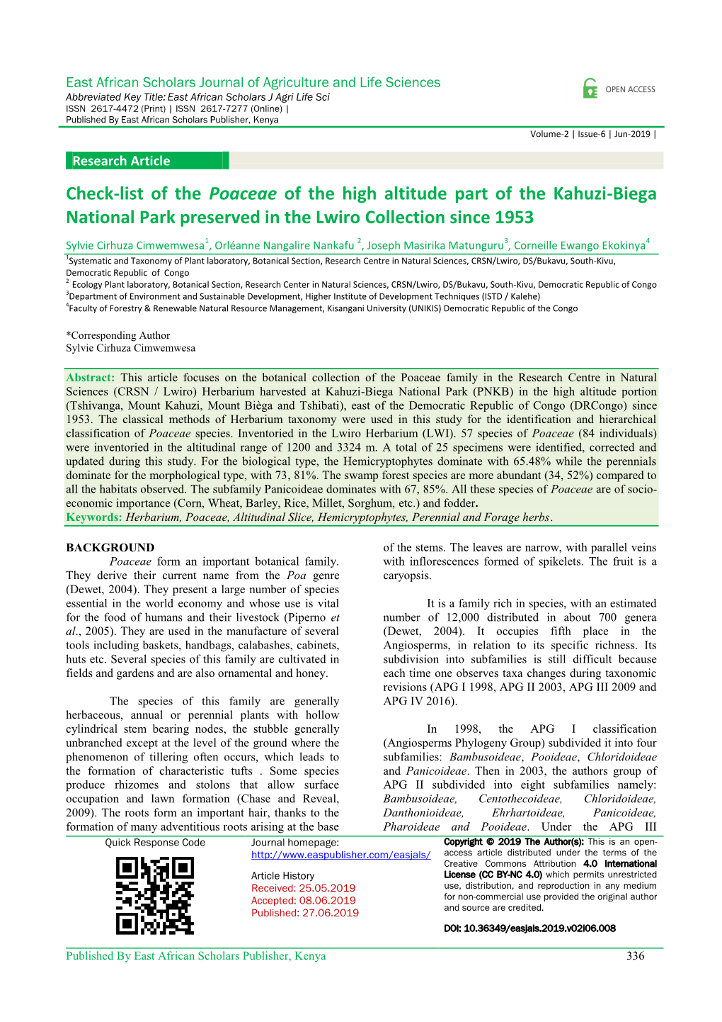 Check-List of the Poaceae of the High Altitude Part of the Kahuzi-Biega National Park Preserved in the Lwiro Collection Since 1953