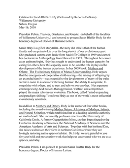 Citation for Sarah Blaffer Hrdy (Delivered by Rebecca Dobkins) Willamette University Salem, Oregon May 16, 2010