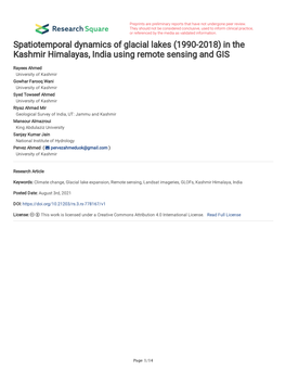 Spatiotemporal Dynamics of Glacial Lakes (1990-2018) in the Kashmir Himalayas, India Using Remote Sensing and GIS