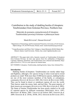 Contribution to the Study of Darkling Beetles (Coleoptera: Tenebrionidae) from Golestan Province, Northern Iran