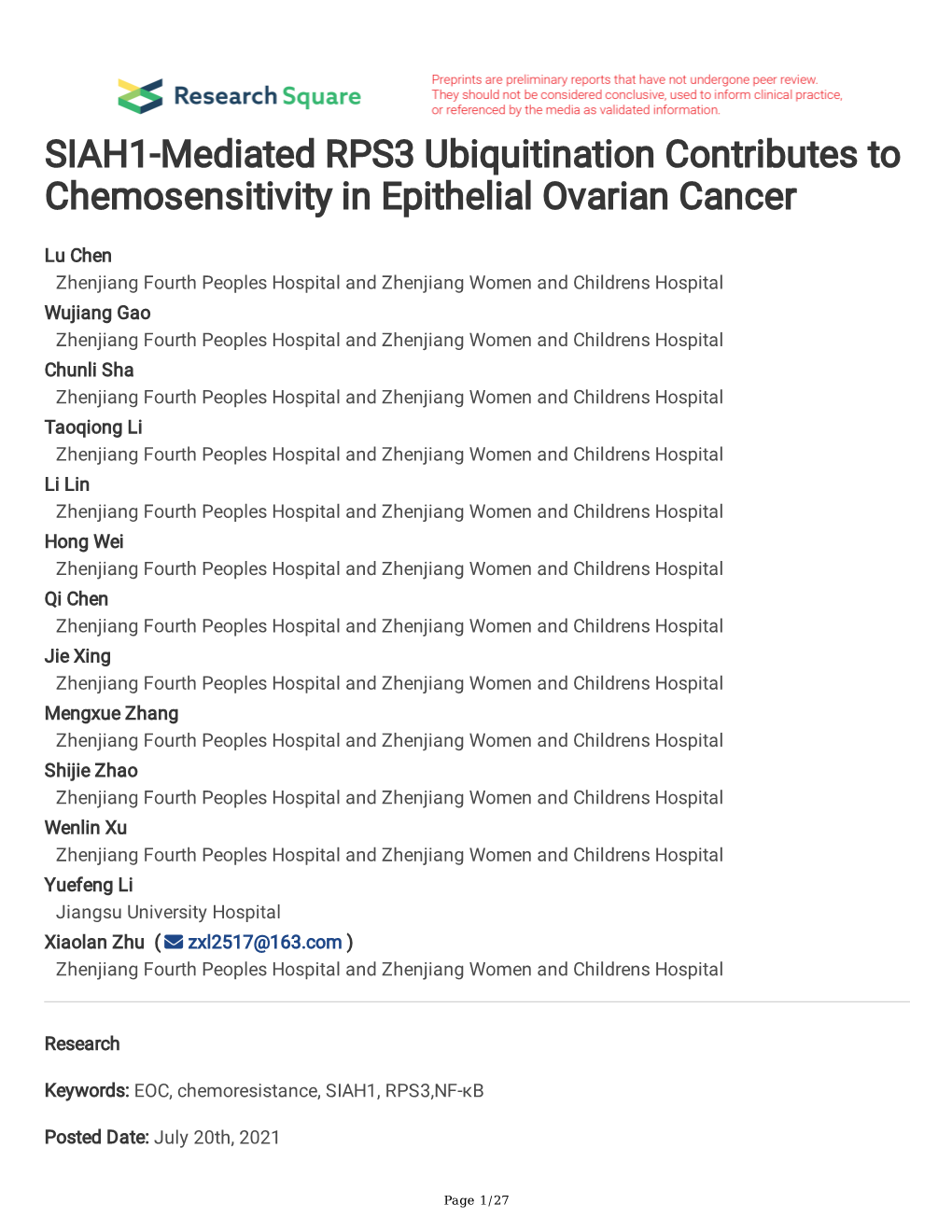 SIAH1-Mediated RPS3 Ubiquitination Contributes to Chemosensitivity in Epithelial Ovarian Cancer