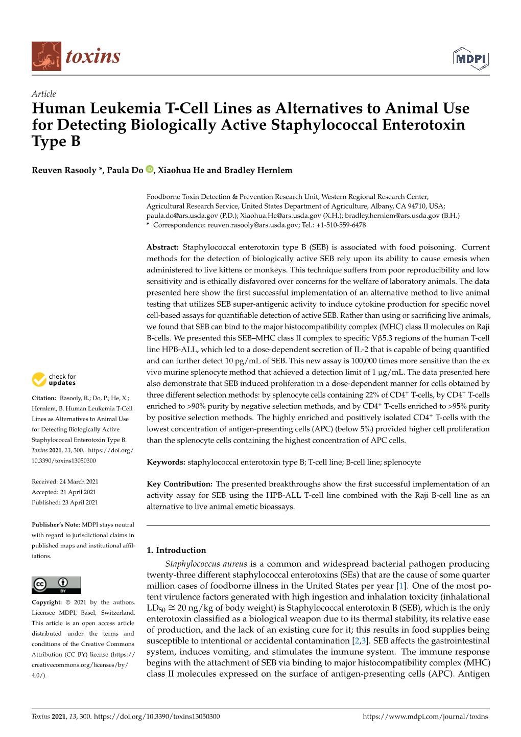 Human Leukemia T-Cell Lines As Alternatives to Animal Use for Detecting Biologically Active Staphylococcal Enterotoxin Type B