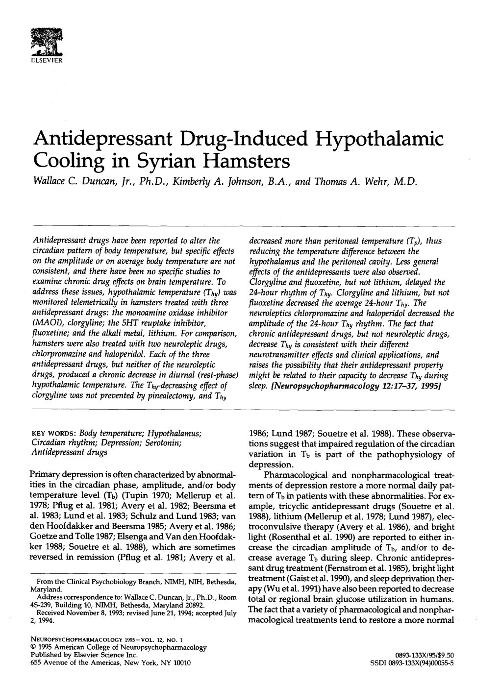 Antidepressant Drug-Induced Hypothalamic Cooling in Syrian Hamsters Wallace C