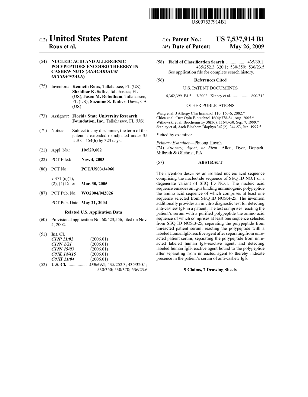 (12) United States Patent (10) Patent No.: US 7,537,914 B1 Roux Et Al