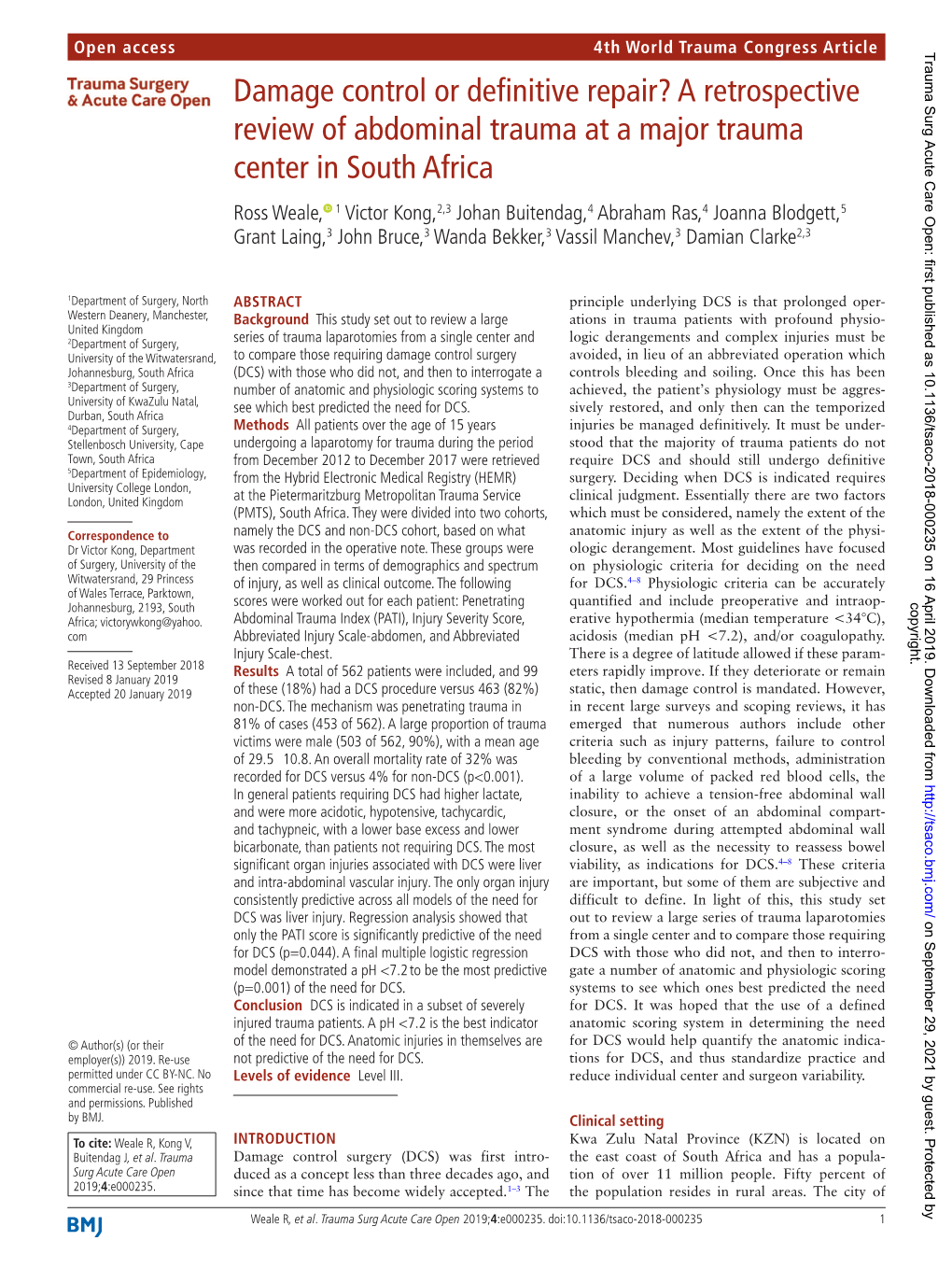 A Retrospective Review of Abdominal Trauma at a Major Trauma Center in South Africa