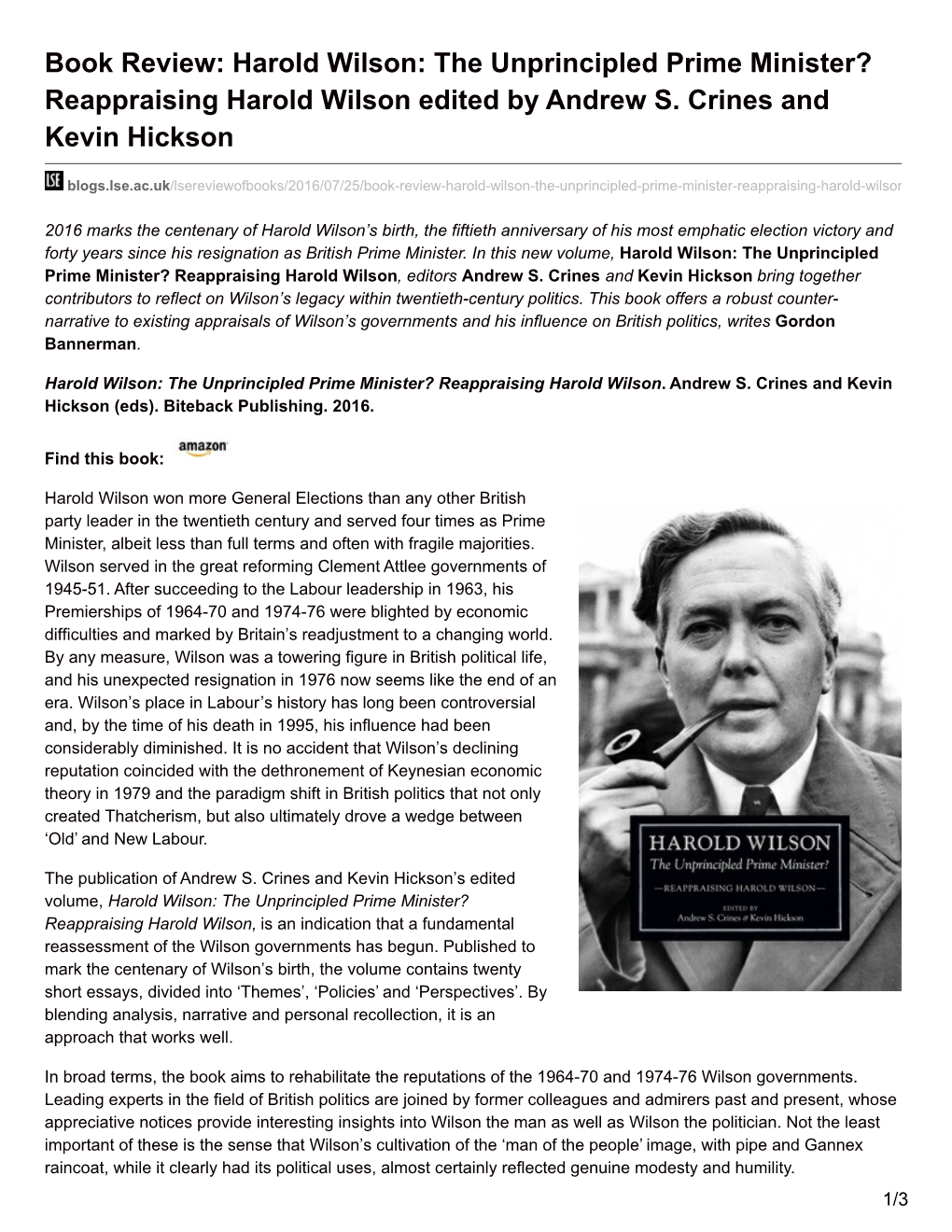 Book Review: Harold Wilson: the Unprincipled Prime Minister? Reappraising Harold Wilson Edited by Andrew S