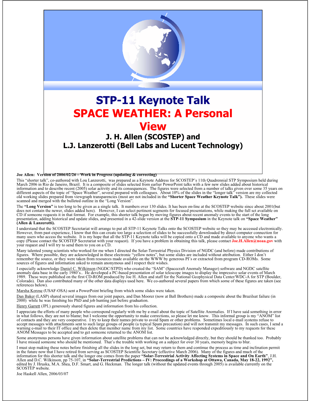 STP-11 Keynote Talk SPACE WEATHER: a Personal View J