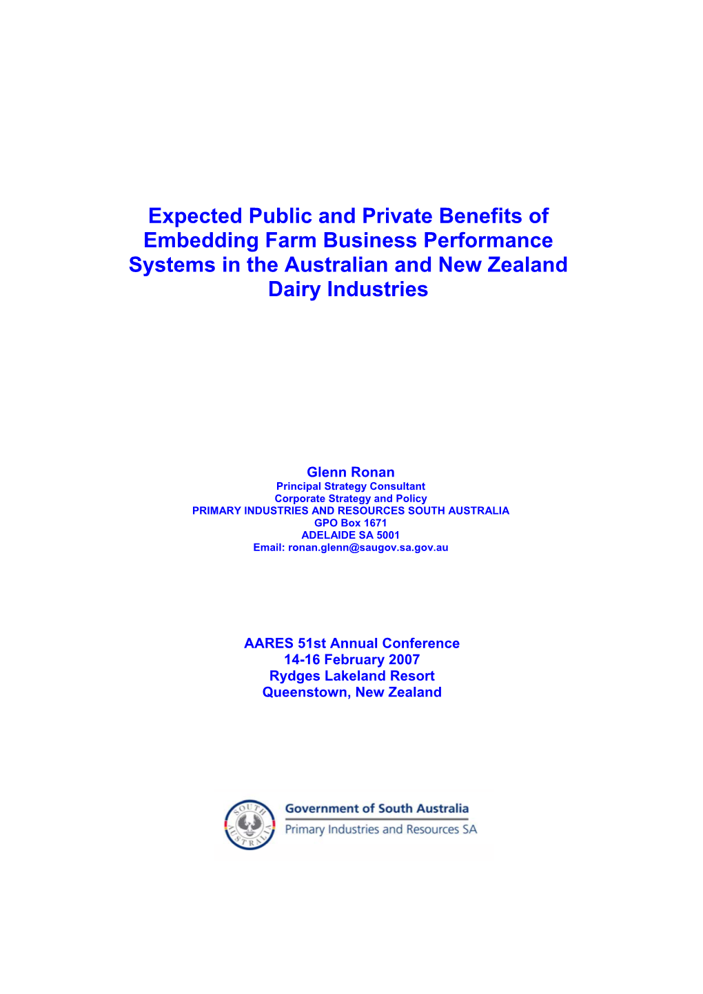 Expected Public and Private Benefits of Embedding Farm Business Performance Systems in the Australian and New Zealand Dairy Industries