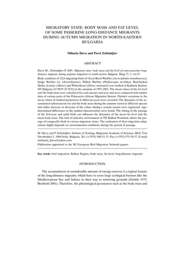 Migratory State: Body Mass and Fat Level of Some Passerine Long-Distance Migrants During Autumn Migration in North-Eastern Bulgaria