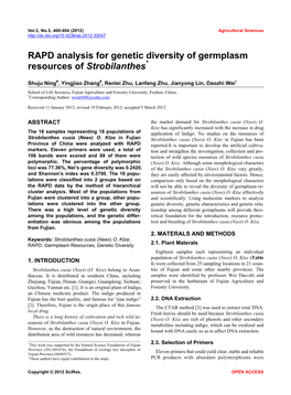 RAPD Analysis for Genetic Diversity of Germplasm Resources of Strobilanthes*