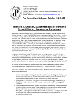 Richard T. Sniscak, Superintendent of Parkland School District, Announces Retirement