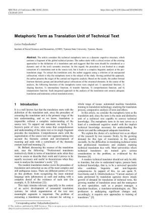 Metaphoric Term As Translation Unit of Technical Text