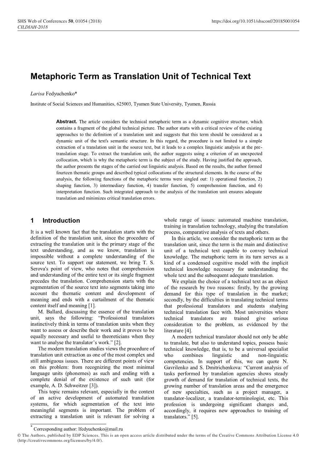 Metaphoric Term As Translation Unit of Technical Text