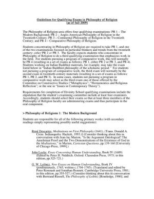 Guidelines for Qualifying Exams in Philosophy of Religion (As of Fall 2009)